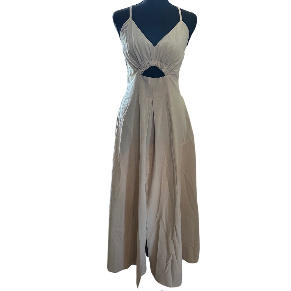 BTFBM Womens Khaki Beige V-Neck Keyhole Cutout Smocked Back Maxi Dress Size M